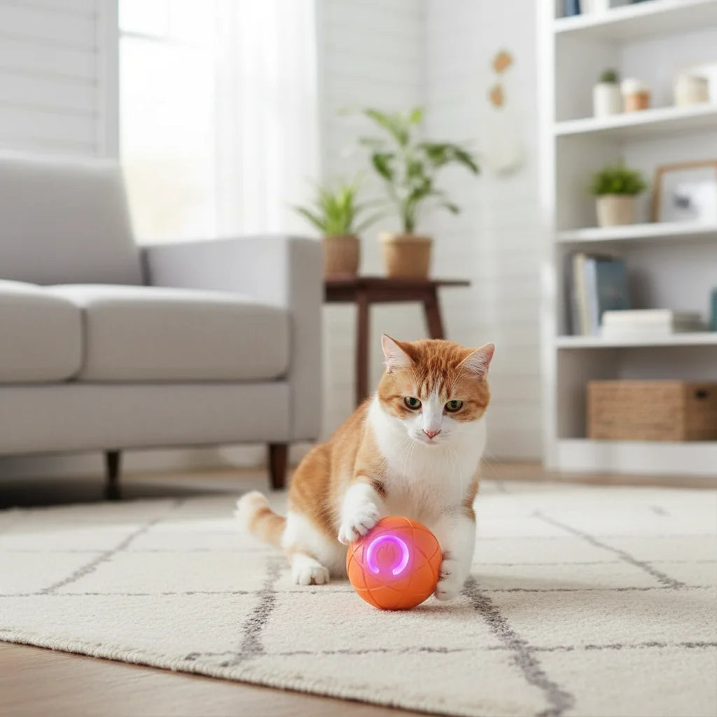 Animated interactive dog toy ball, wagging motion, with LED and USB rechargeable for pet fun