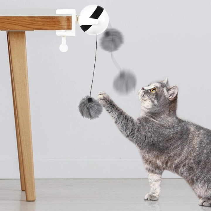 Interactive pet lifting ball puzzle toy, encouraging feline agility and solo play activity.