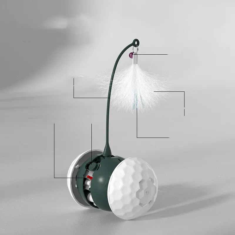 Electronic motion cat toy ball with feather attachment & spring, engaging pets in active play