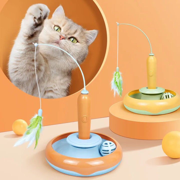 Interactive electronic cat toy with feathers and spinning ball for feline enrichment.