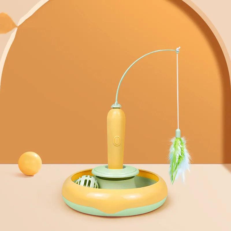 New interactive cat toy with a removable feather attachment and automatic spinning ball.