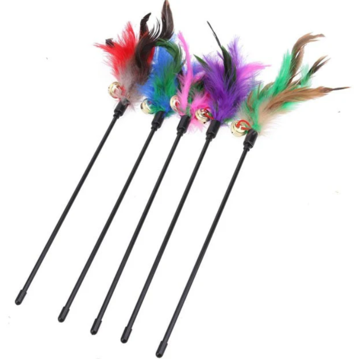 Cat accessory feather wand for playful cats, featuring a durable rod and natural feathers.