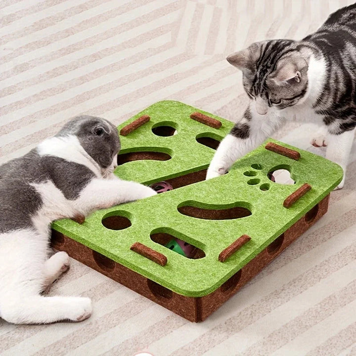 Interactive felt cat puzzle toy with bell ball, encouraging mental stimulation and play for indoor cats