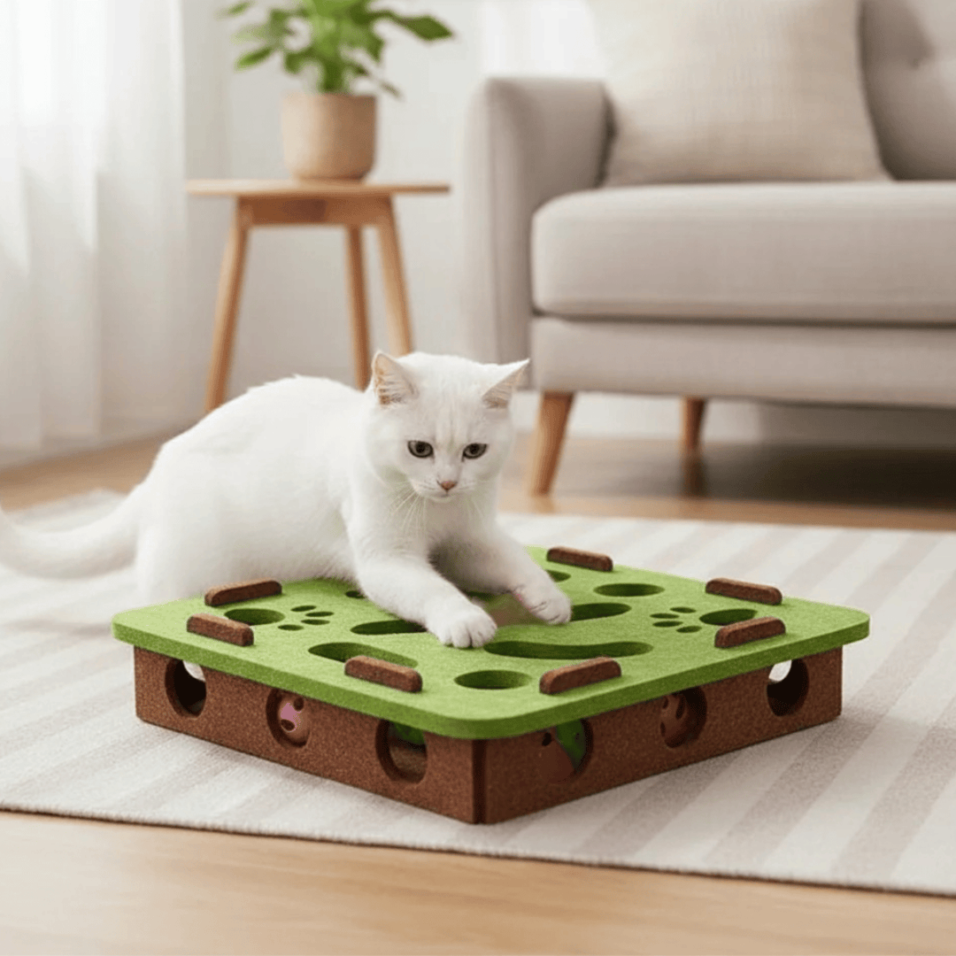 Close-up of cat puzzle toy, showing felt tunnels and treats stimulating pet entertainment