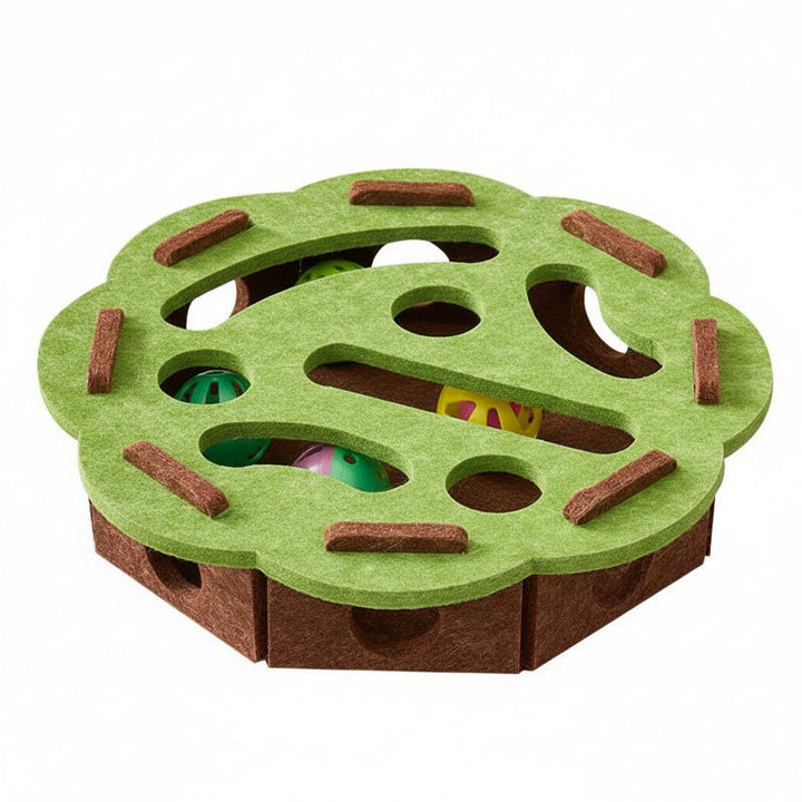 Orange felt interactive cat puzzle toy with hidden treats, promoting mental engagement for cats