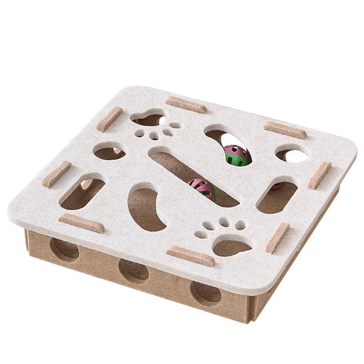 Felt puzzle toy designed for cats, featuring treat-dispensing elements and mental stimulation