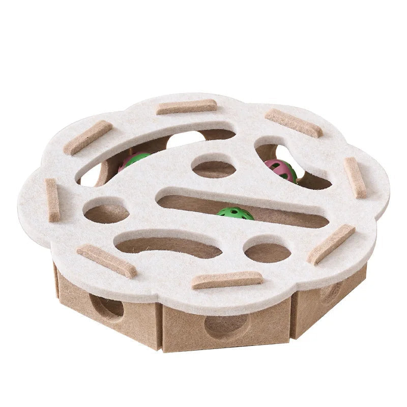 Top-down view of cat puzzle toy, highlighting interactive design for pet entertainment and cat play