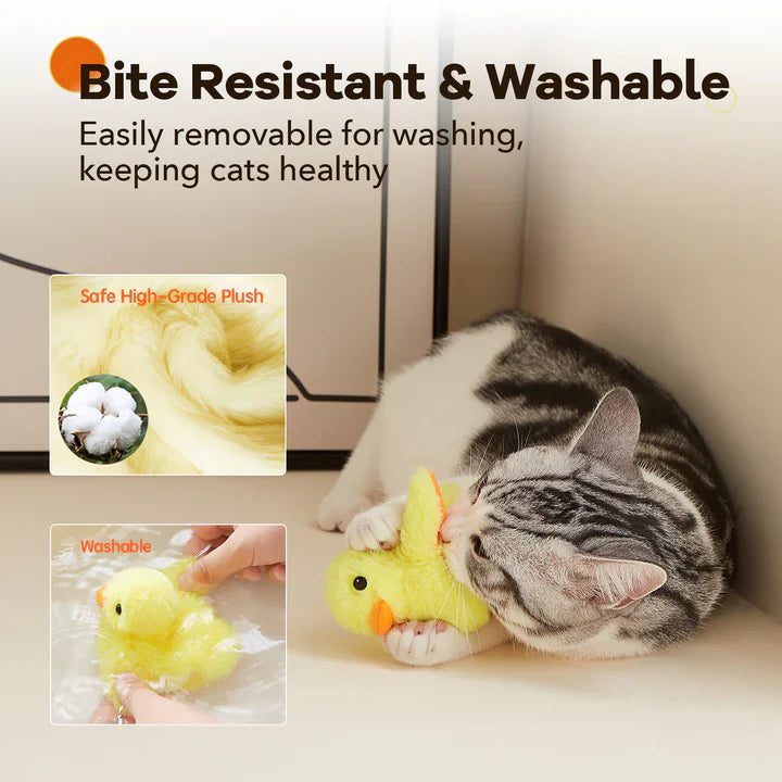 A cat batting at the flapping mechanism of the duck plush toy