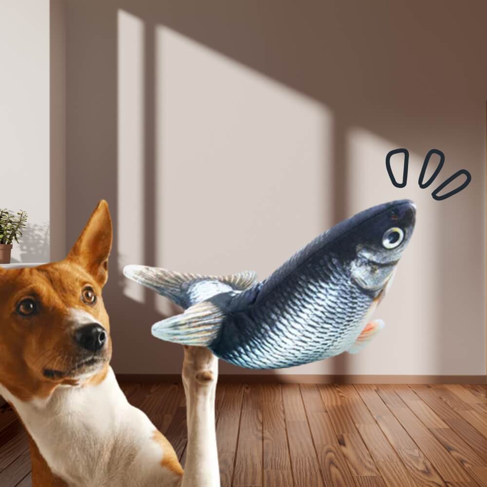 Interactive flopping fish dog toy for engaging play, stimulating puppies & active dogs. Durable & rechargeable.