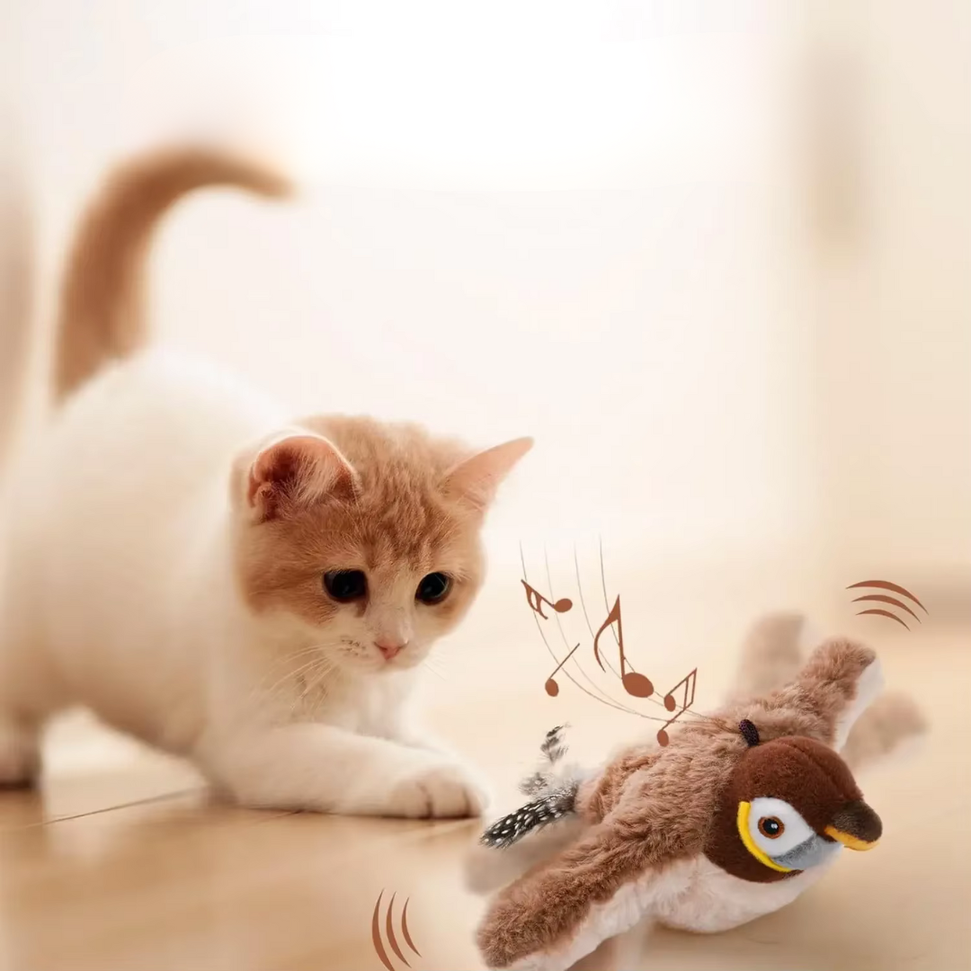 Interactive fluttering feather cat toy stimulating play for energetic kittens and adult felines.