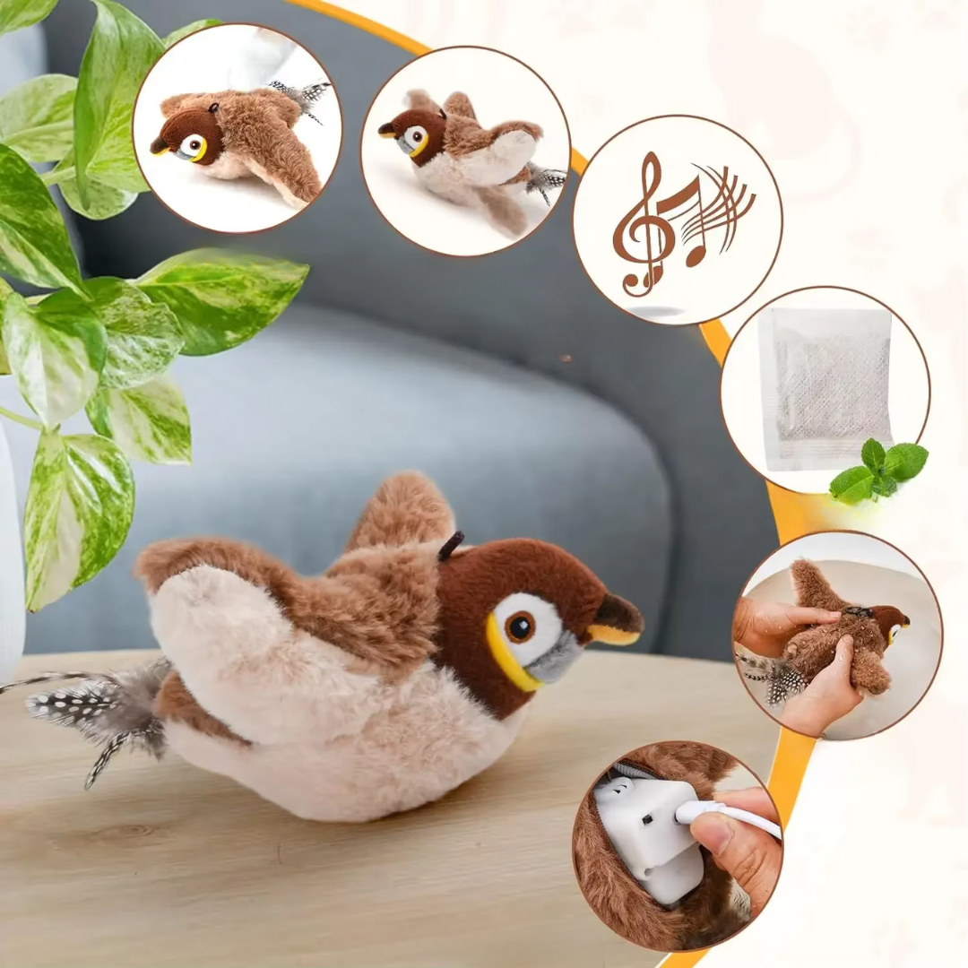 Cat toy with realistic fluttering bird design encouraging exercise and fun playtime for cats.
