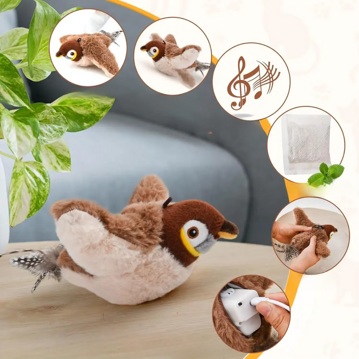 Cat toy with realistic fluttering bird design encouraging exercise and fun playtime for cats.