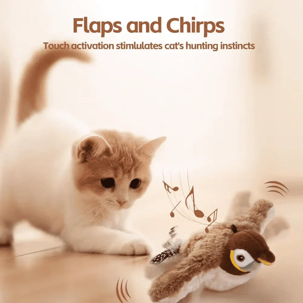 Close-up of a flying bird cat toy with feathers, engaging for indoor feline entertainment