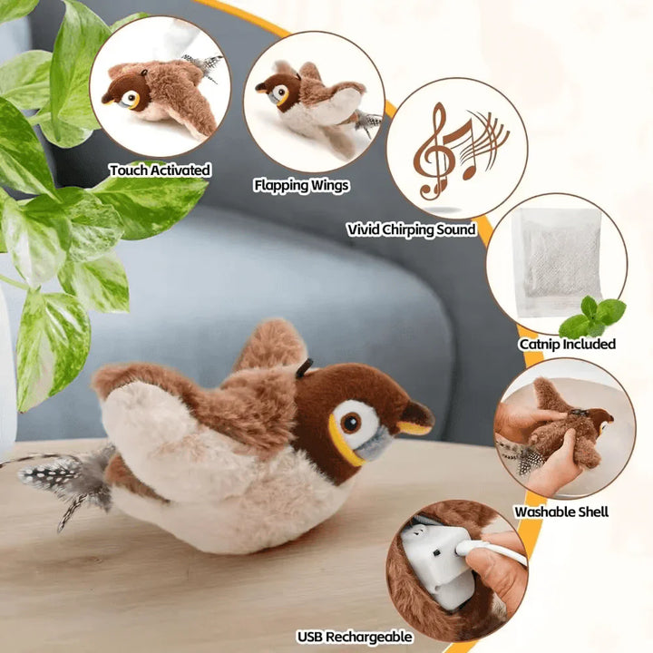 Bird-shaped electronic cat toy in mid-air, designed for interactive pet play inside