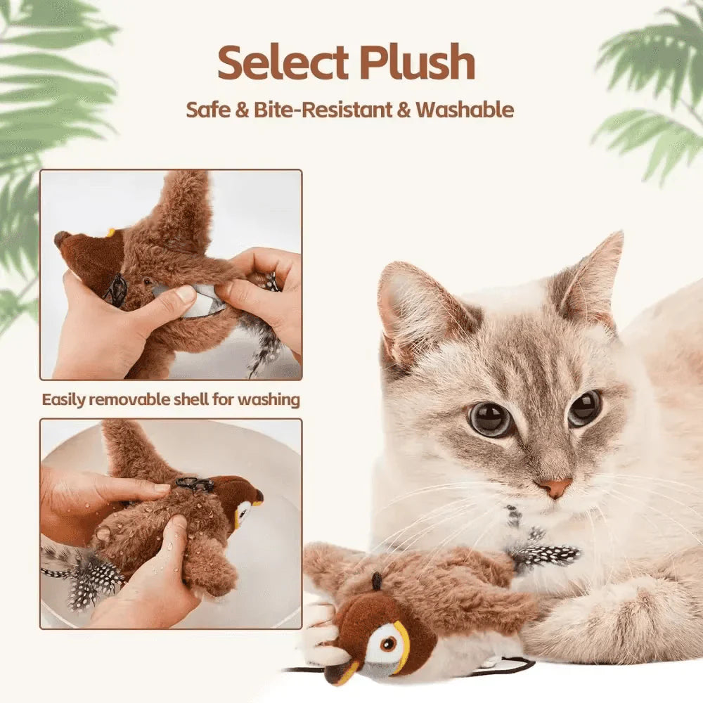 Cat batting at a flying bird interactive toy, offering stimulating indoor exercise