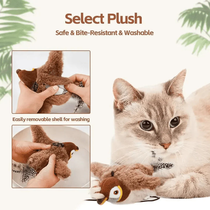 Cat batting at a flying bird interactive toy, offering stimulating indoor exercise