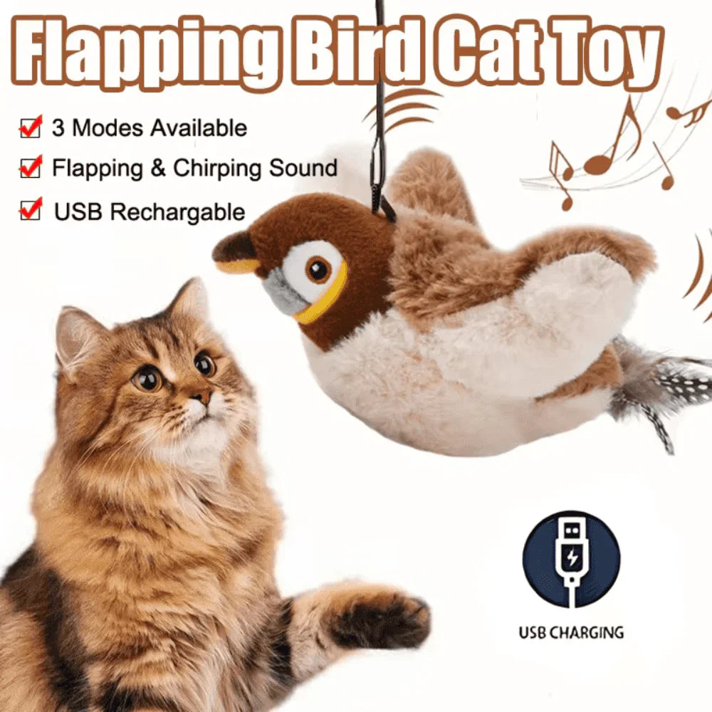 Electronic pet toy resembling a flying bird, promoting active indoor play for cats