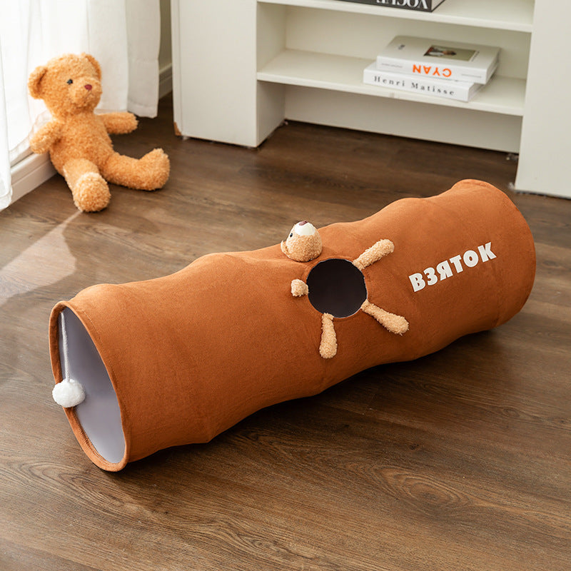 Foldable cat tunnel with a fluffy toy, providing a fun hideaway and interactive playtime for cats.