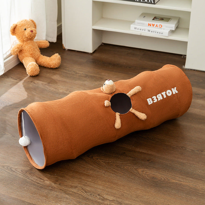 Foldable cat tunnel with a fluffy toy, providing a fun hideaway and interactive playtime for cats.
