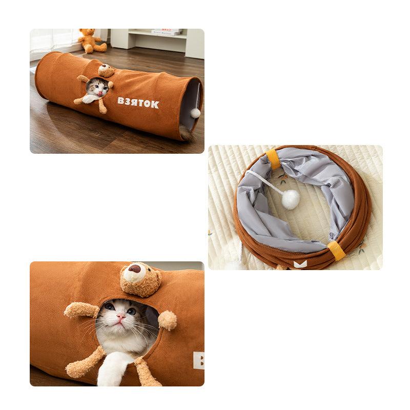Pet accessory: compact foldable cat tunnel with an attached toy, designed for interactive cat play.