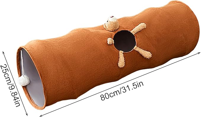 Kitten play tunnel, blue, with a plush toy for batting, offering a portable and engaging pet hideaway.