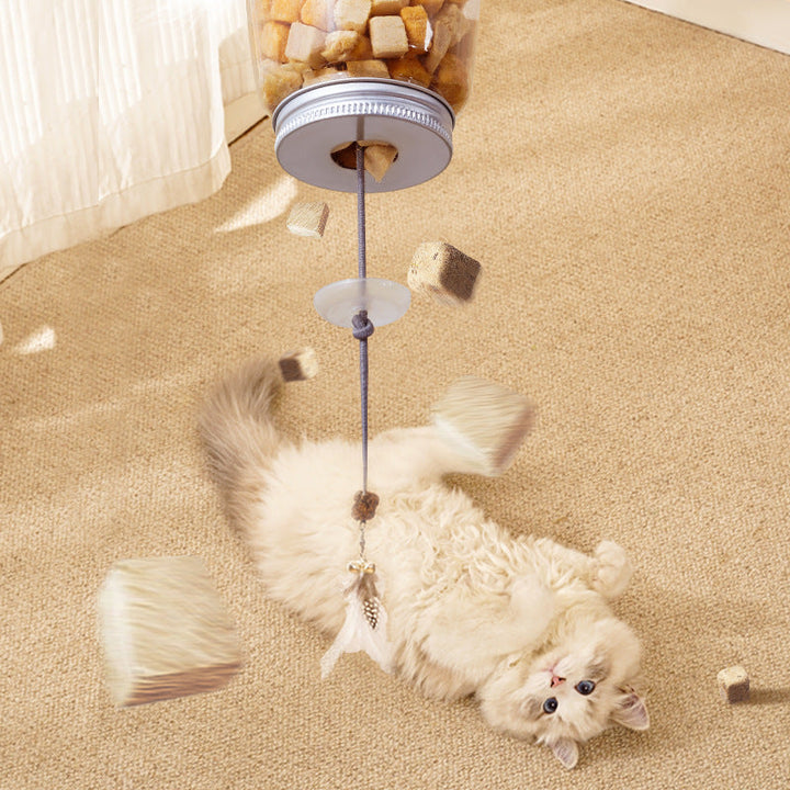 Interactive hanging cat treat dispenser toy, stimulating pet enrichment for feline play