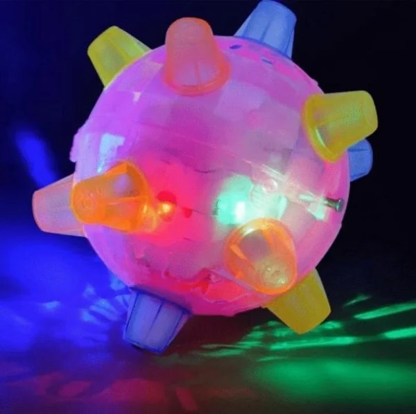 Close-up of an LED jumping activation ball, glowing for interactive and active dog play.