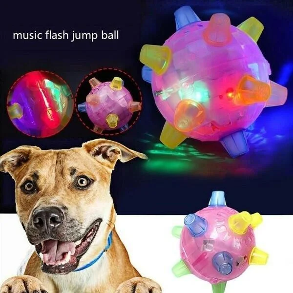 LED jumping dog ball bounces & lights up for interactive pet play. Durable enrichment toy.