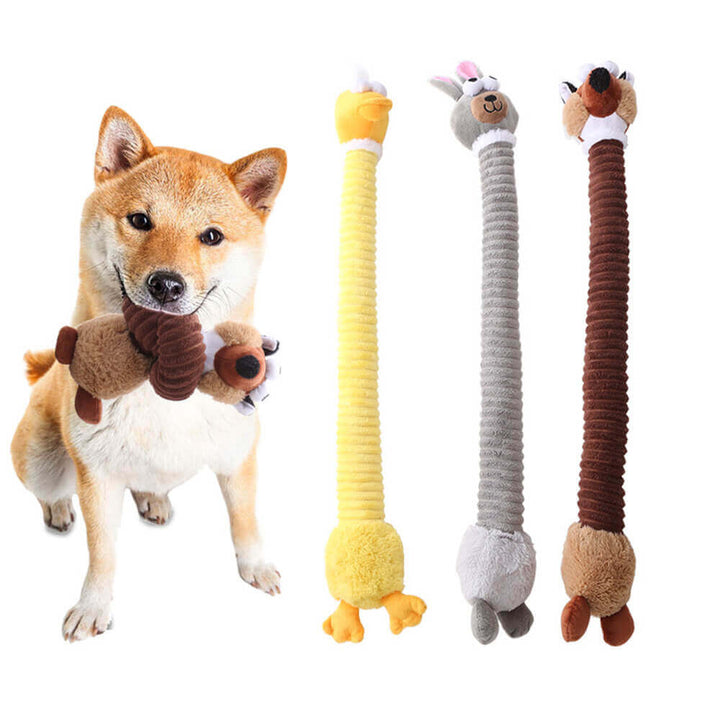 Interactive long neck animal dog toy, plush and squeaky for chewing fun