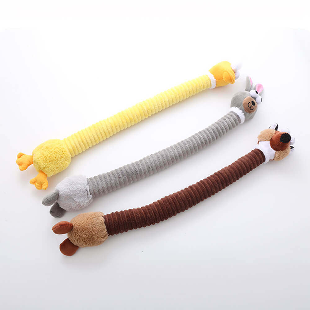 Plush squeaky dog toy shaped like a long neck animal, for interactive play