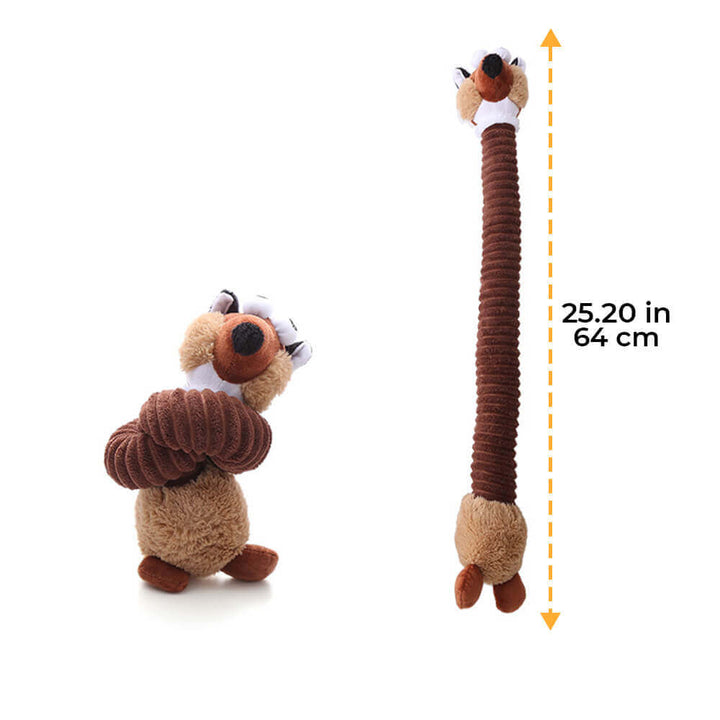 Close-up of the long neck animal squeaky dog toy, showing plush texture