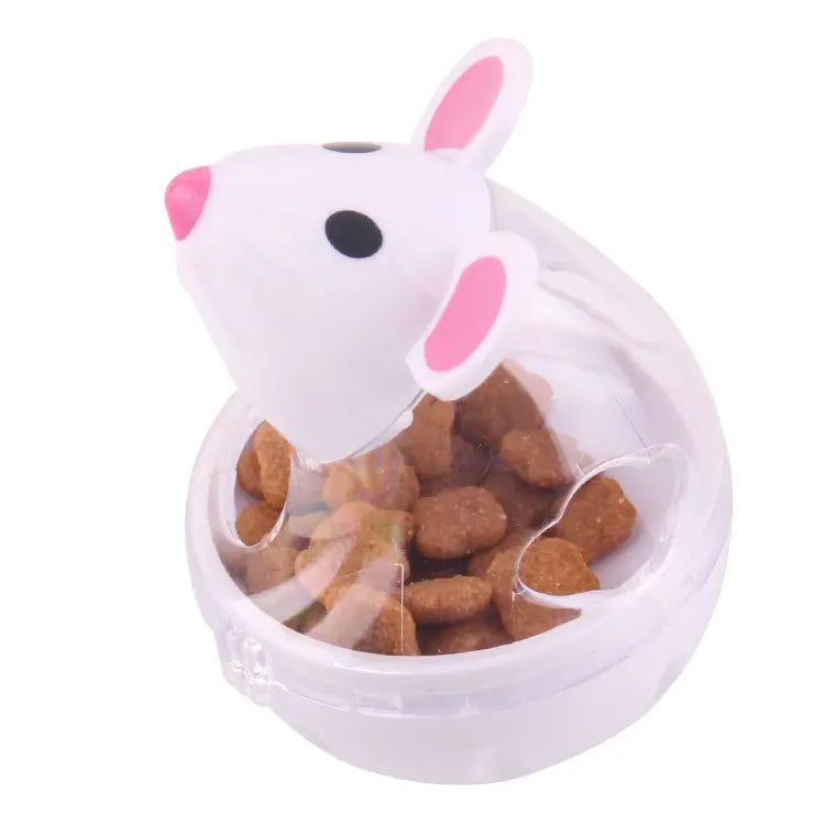 Interactive mouse cat food dispenser toy, gray, promotes slow feeding and enrichment.