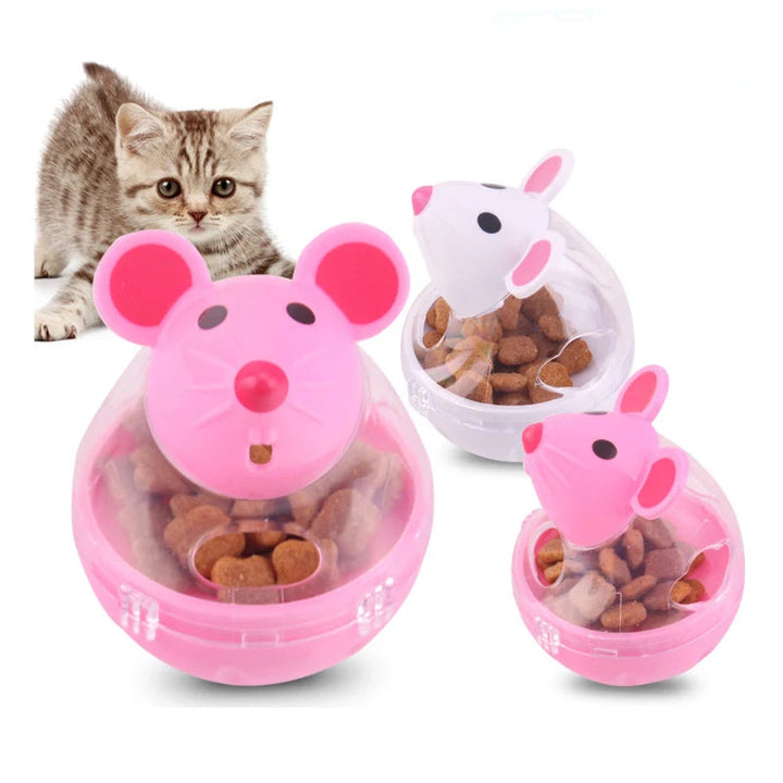 Gray interactive cat toy, mouse-shaped food dispenser, encourages active slow feeding.