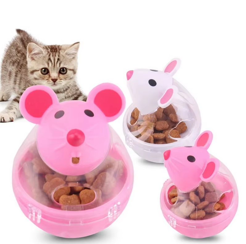 Interactive mouse treat dispenser cat toy encourages playful mental stimulation and exercise.