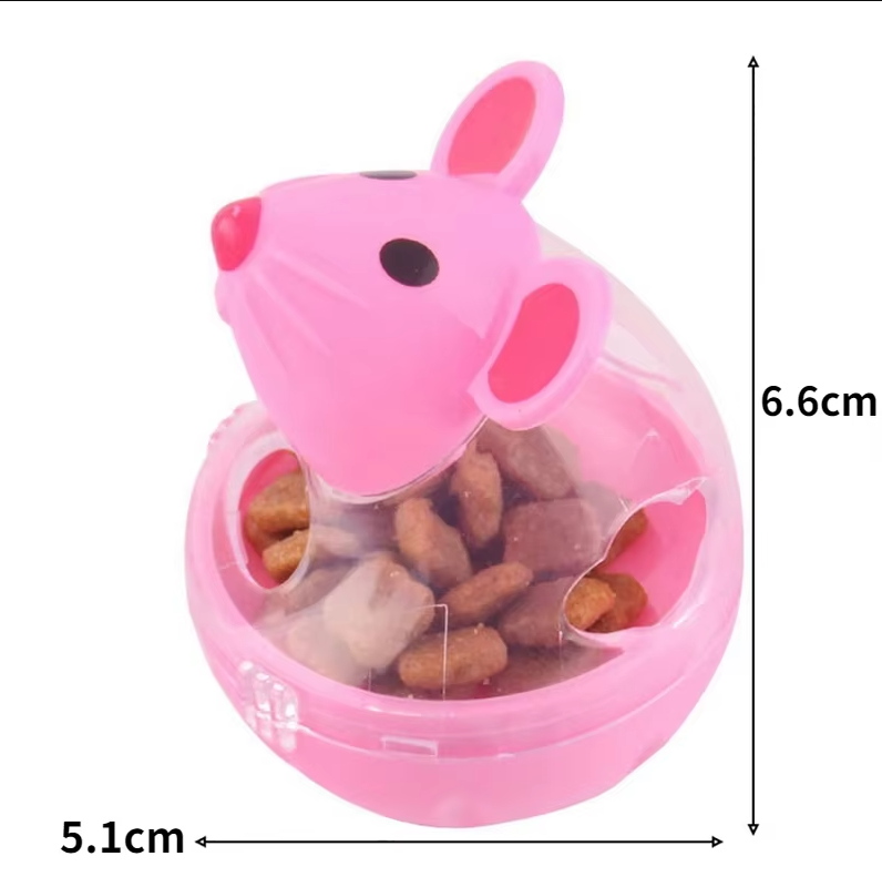 Grey mouse-shaped treat dispenser cat toy for feline enrichment and engaging playtime.