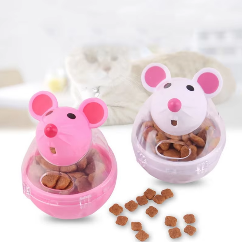 Treat-dispensing cat toy in a mouse design, ideal for interactive exercise and fun.