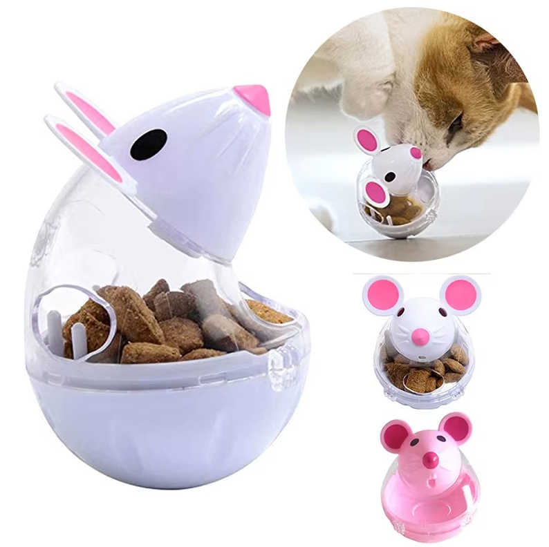 Plastic interactive mouse cat toy that releases treats, boosting cat's playtime engagement.