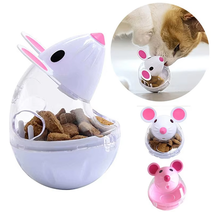 Plastic interactive mouse cat toy that releases treats, boosting cat's playtime engagement.