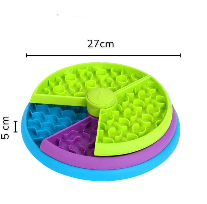Pet activity slow feeder bowl with various compartments, designed for interactive dog and cat feeding.