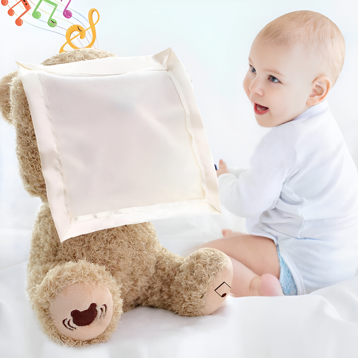 Interactive Peek-A-Boo Bear plush toy, a fun and engaging developmental toy for babies & toddlers.