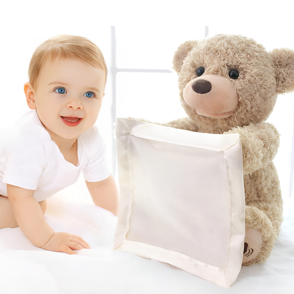Soft stuffed animal bear, an interactive peek-a-boo plush toy for baby & toddler development.