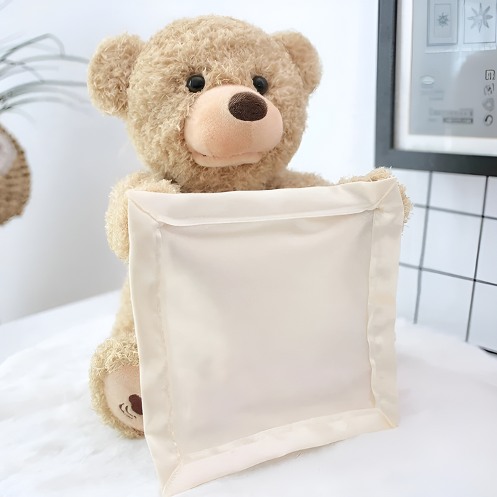Adorable interactive bear plush toy playing peek-a-boo, a perfect baby shower or toddler gift.