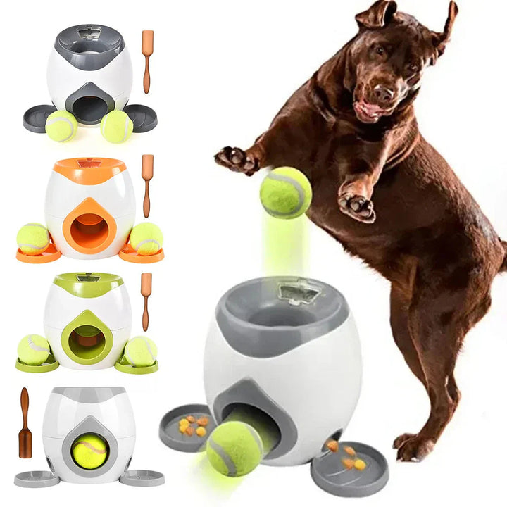 Dog playing with automatic ball launcher, a durable interactive pet toy for active dogs
