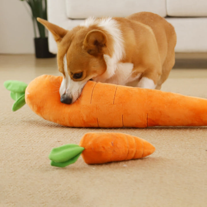 Interactive pet carrot squeaky plush toy for dogs, durable chew toy for engaging playtime.