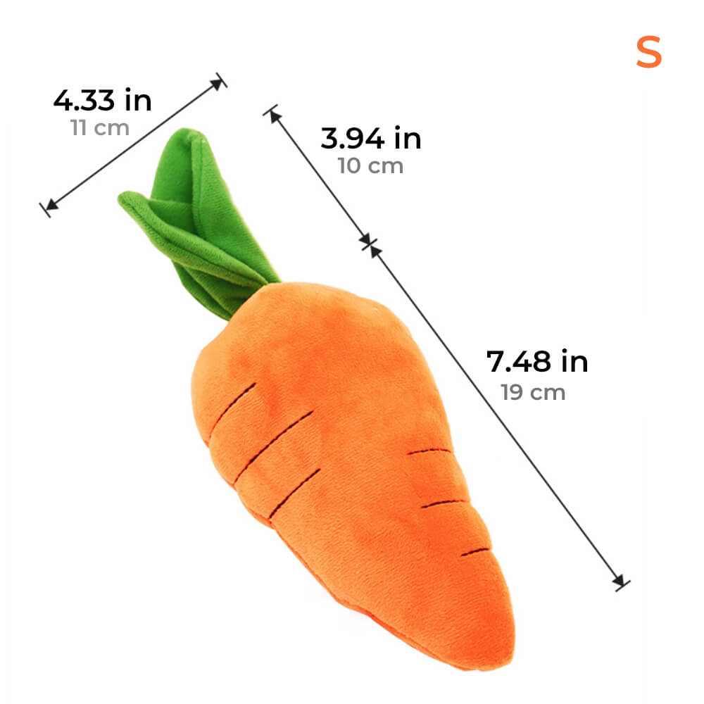 Interactive carrot dog toy made of soft plush material with an enticing squeaker inside for pets.