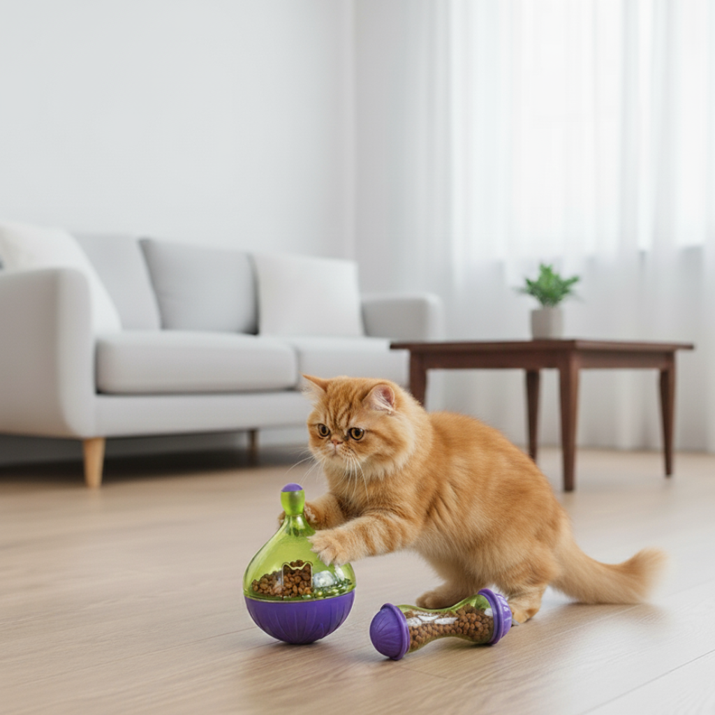 Cat toy interactive food dispenser, green, promoting slow eating & mental activity