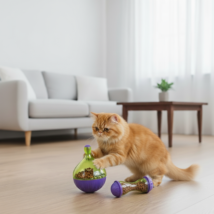 Cat toy interactive food dispenser, green, promoting slow eating & mental activity