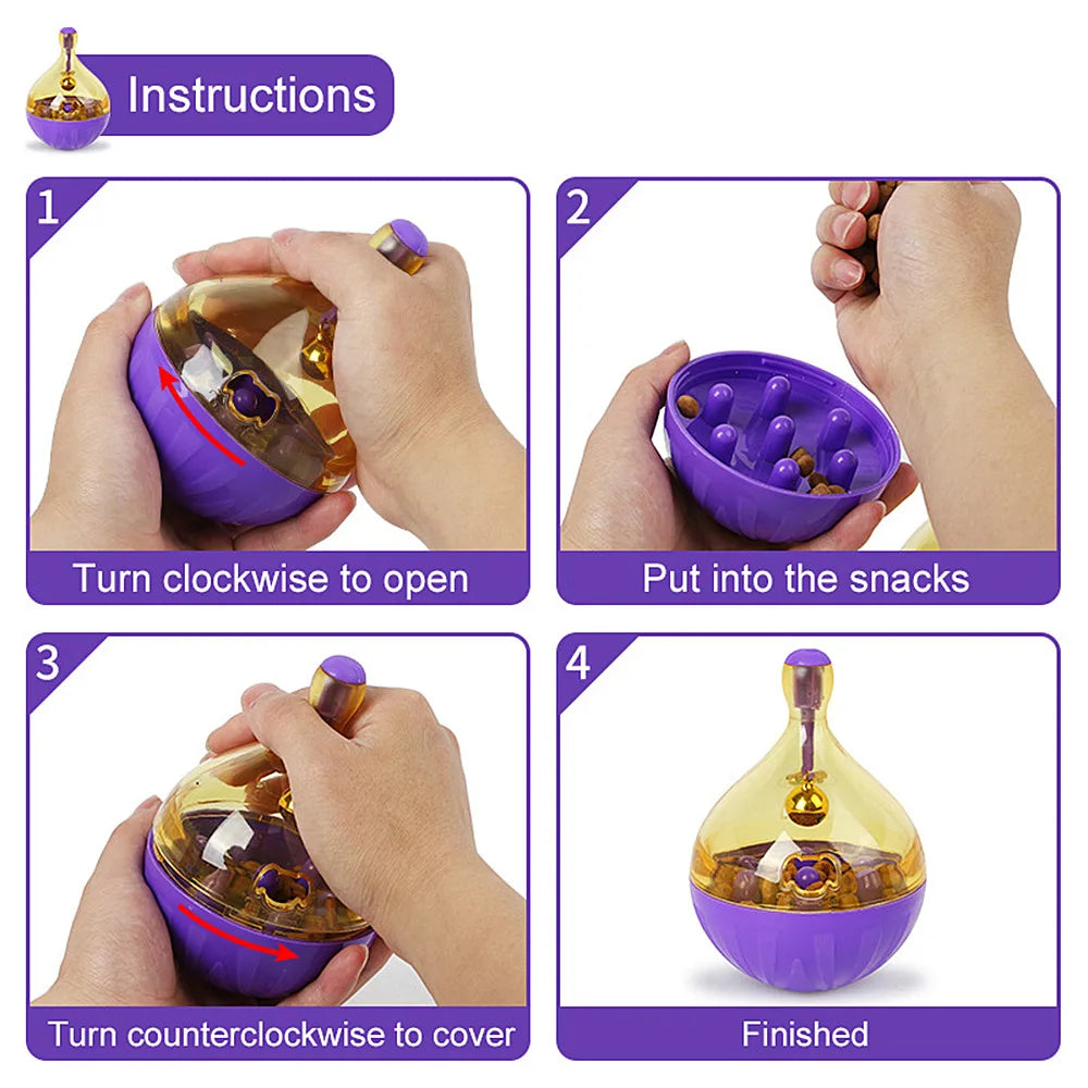 Pet enrichment food dispenser toy on hardwood floor, suitable for dogs and cats