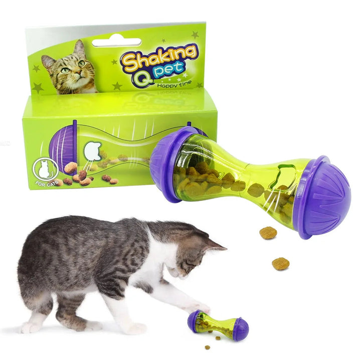 Happy dog playing with a purple interactive slow feeder toy, getting treats
