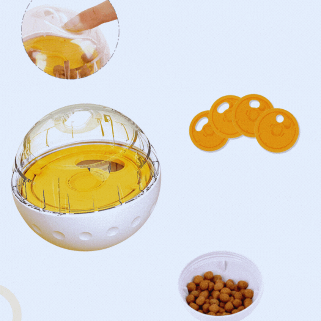 Red interactive pet food dispenser ball, a slow feeder for mental stimulation